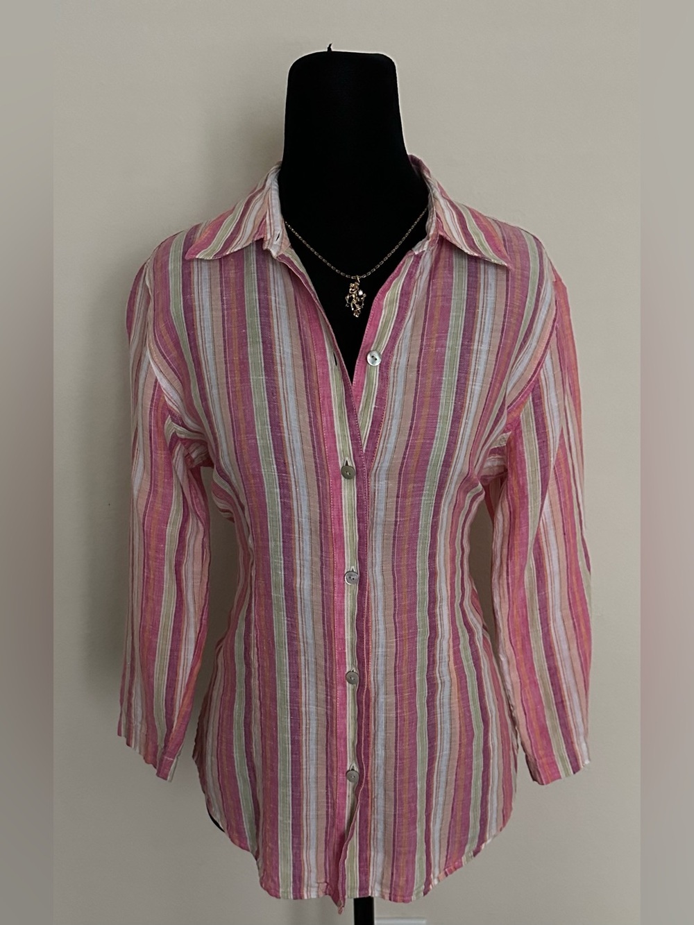 Foxcroft Linen Blouse Multicolor Striped Button-Down Shirt Size 8